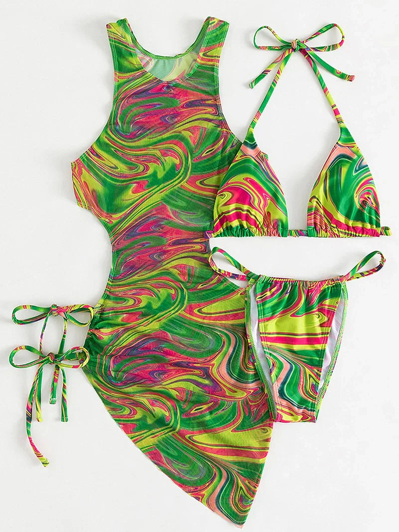 Sexy Three Pieces Bikini Set Leopard Halter Women Swimsuit 2023 New With Beach Cover Up Backless Bandage Swimwear Bathing Suit
