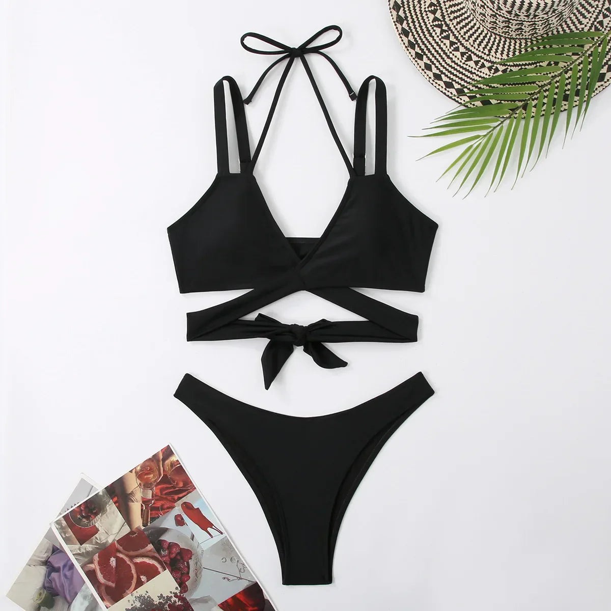 Women Strap Ties Bikini Set 2024 Female Solid Sexy Swimsuit 2 Pieces Sexy Swimwear Beach Outfits Damen Bathing Suit Push Up