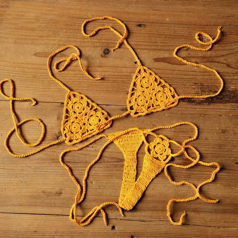 Women Sexy Handmade Bikini Sets Crochet Flower Solid Color Lace Thong String Swimwear Sunbathing Swimsuit Beach Wear Lace-up