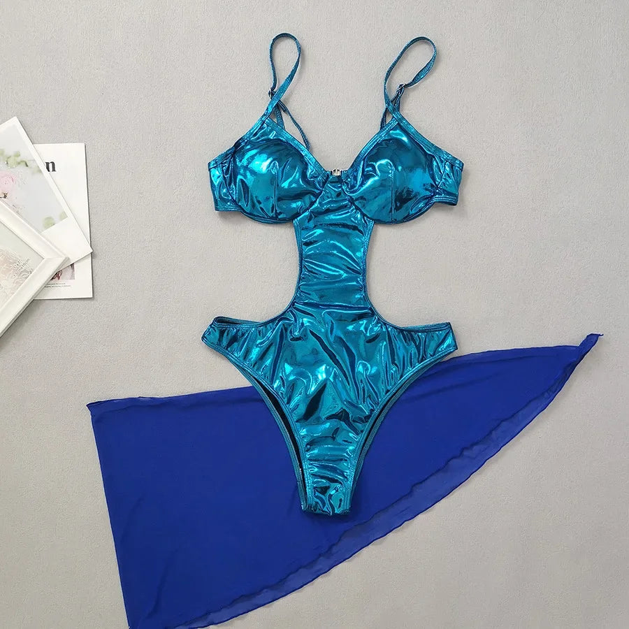 Blue Shiny High Waist Bikini,2024 Hollow Out 2 Piece Gauze Skirt Swimsuit,summer Beach Vacation Backless Bathing Suit Swimwear