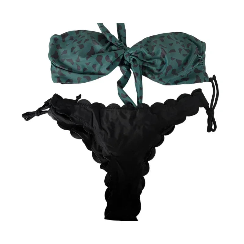 Beach Bikini  Woman Sexy Front Lace Up Tie Strapless Leopard Swimsuit Female Push Up Ruffled Bow Bathing Suit Thong Swimwear