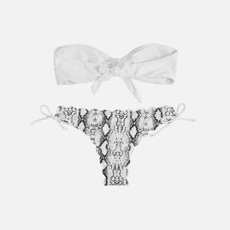 Beach Bikini  Woman Sexy Front Lace Up Tie Strapless Leopard Swimsuit Female Push Up Ruffled Bow Bathing Suit Thong Swimwear