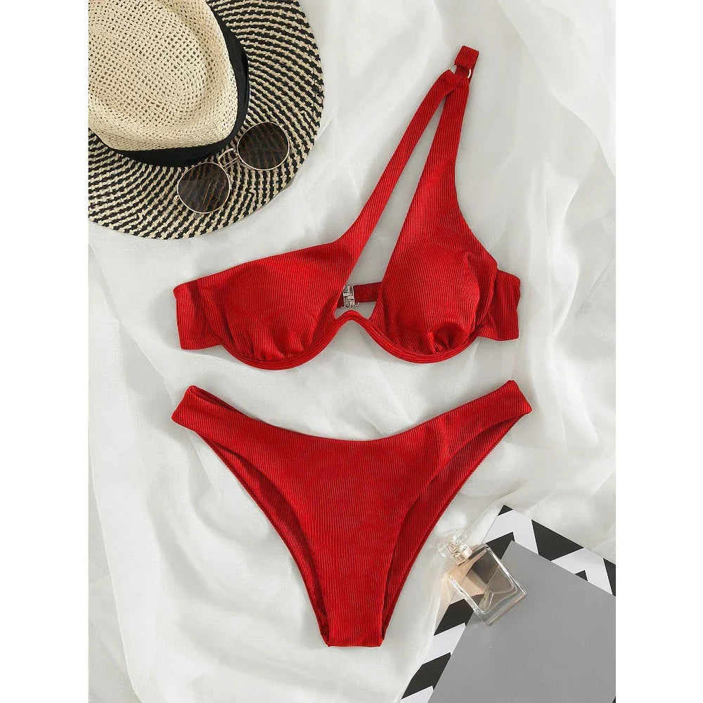 Sexy Push Up Bikini Set Women Cut Out Swimsuit Summer One Shoulder Swimwear Female Bathing Suit Beachwear Lady High Waist Bikini
