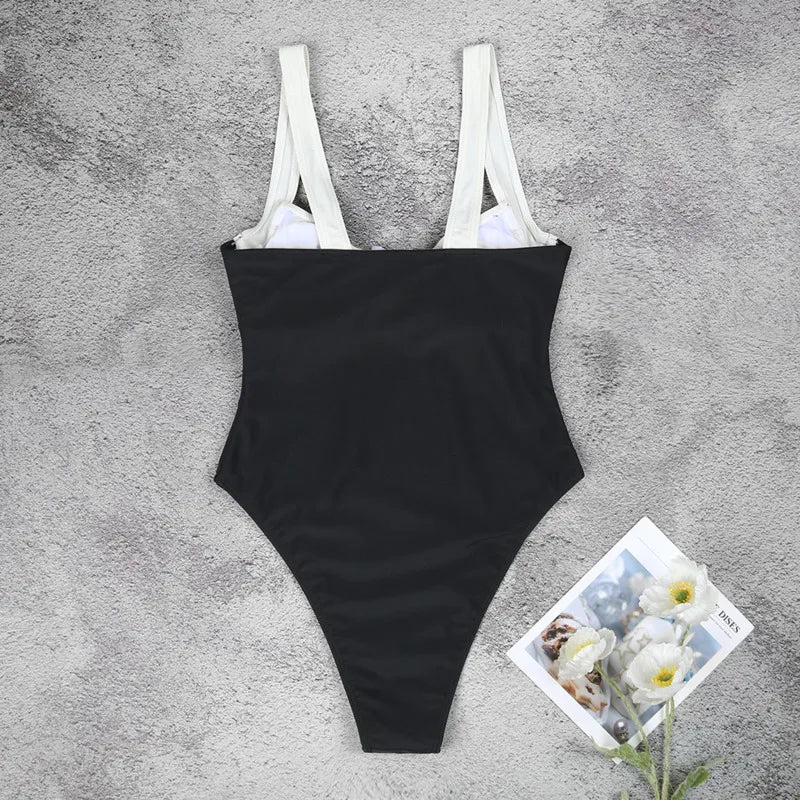 Beach Style Black White One Piece Swimsuit Summer Sexy Backless Bikini Set 2024 New Solid Shoulder Strap Swimming Suit For Women