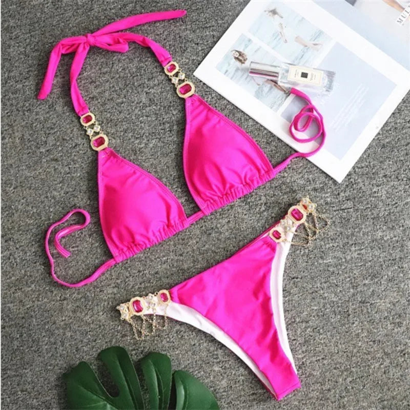 Black Sexy Bikinis Swimsuit With Rhinestones Women's Swimwear Female Push Up Bikini Beach Swim Wear Bathing Suits Pool Bather