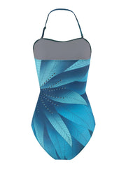 Elegant Blue Leaf Printed One Piece Swimsuit Woman 2024 Fashion High Waisted Hanging Neck Swimwear French Covered Belly Bikini
