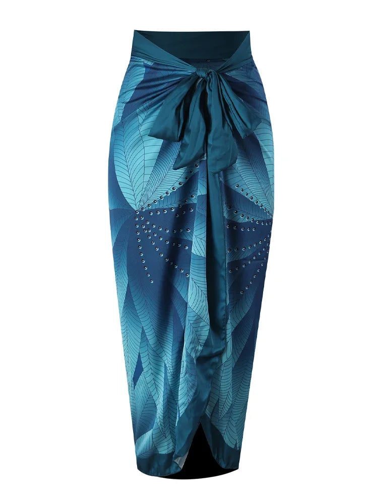 Elegant Blue Leaf Printed One Piece Swimsuit Woman 2024 Fashion High Waisted Hanging Neck Swimwear French Covered Belly Bikini
