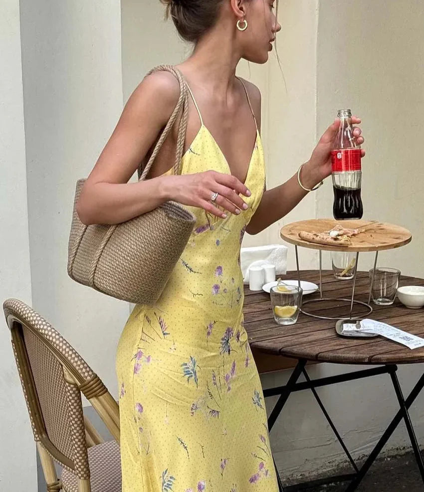 Yellow Print Elegant Spaghetti Strap Dress