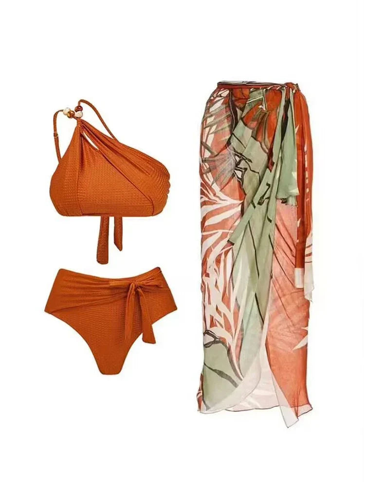 Sexy One Shoulder Printed Swimwear Women 2023 Vintage High Waisted One Piece Swimsuit with Cover Up for Beach Vacation, Swim