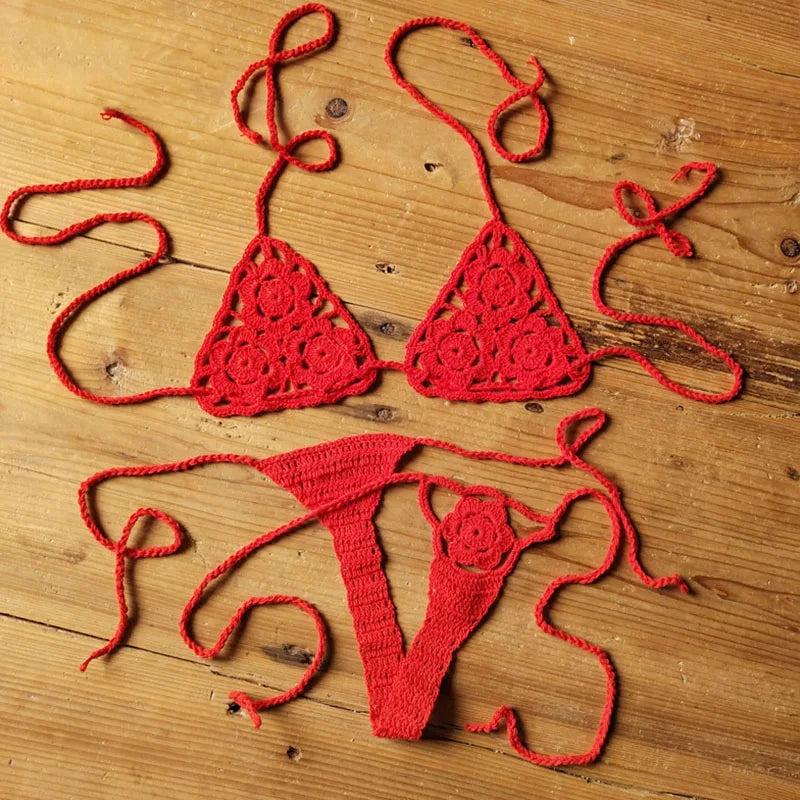 Women Sexy Handmade Bikini Sets Crochet Flower Solid Color Lace Thong String Swimwear Sunbathing Swimsuit Beach Wear Lace-up
