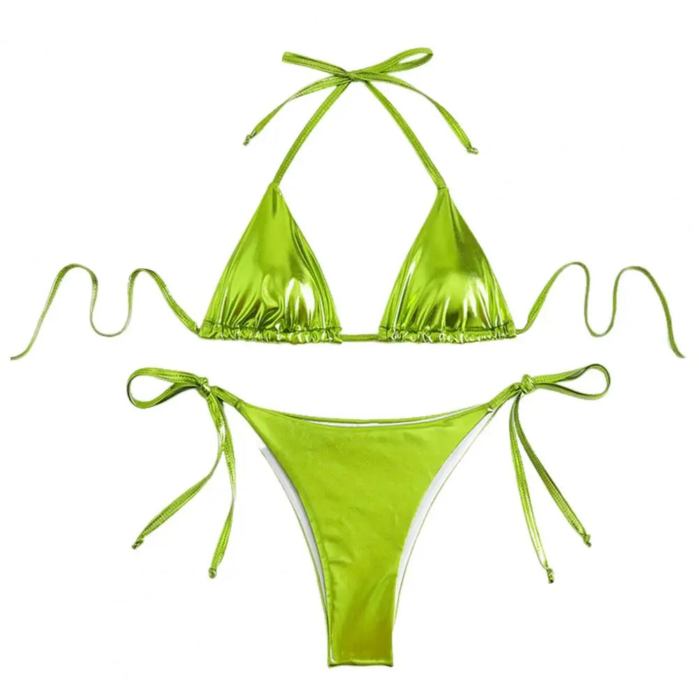Bikini Women Swimsuit 2024 New Gold Halter Lace Up Bikinis Set Sexy Swimwear Beach Cover Up 2 Piece Beach Bathing Suit Female
