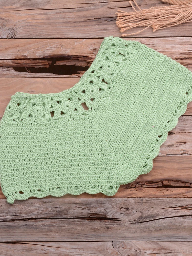 Bikini 2022 knitting Swimsuit Crochet Bikini Bohemia Style Off Shoulder High Neck Bathing Beach Bikinis Handmade Crochet Bikini