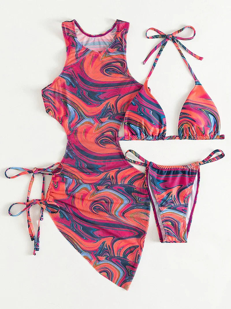 Sexy Three Pieces Bikini Set Leopard Halter Women Swimsuit 2023 New With Beach Cover Up Backless Bandage Swimwear Bathing Suit