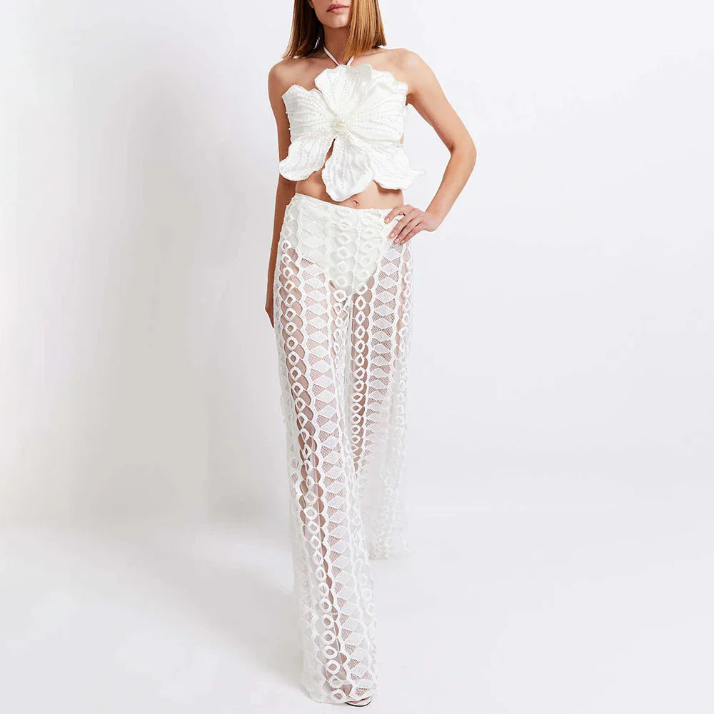 Fashion Flower Bikini Pearl Design Neck Swimsuit Luxury Sexy Tube Top Halter Seaside Vacation Hollow Trousers 2024 Women'S Retro