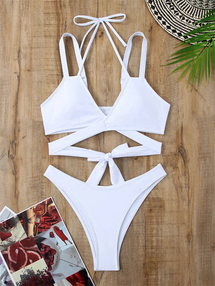 Bikini Women Swimsuit 2024 New Solid Sling Lace Up Bikinis Set Sexy Thong Swimwear Summer Two Piece Beach Bathing Suit Female