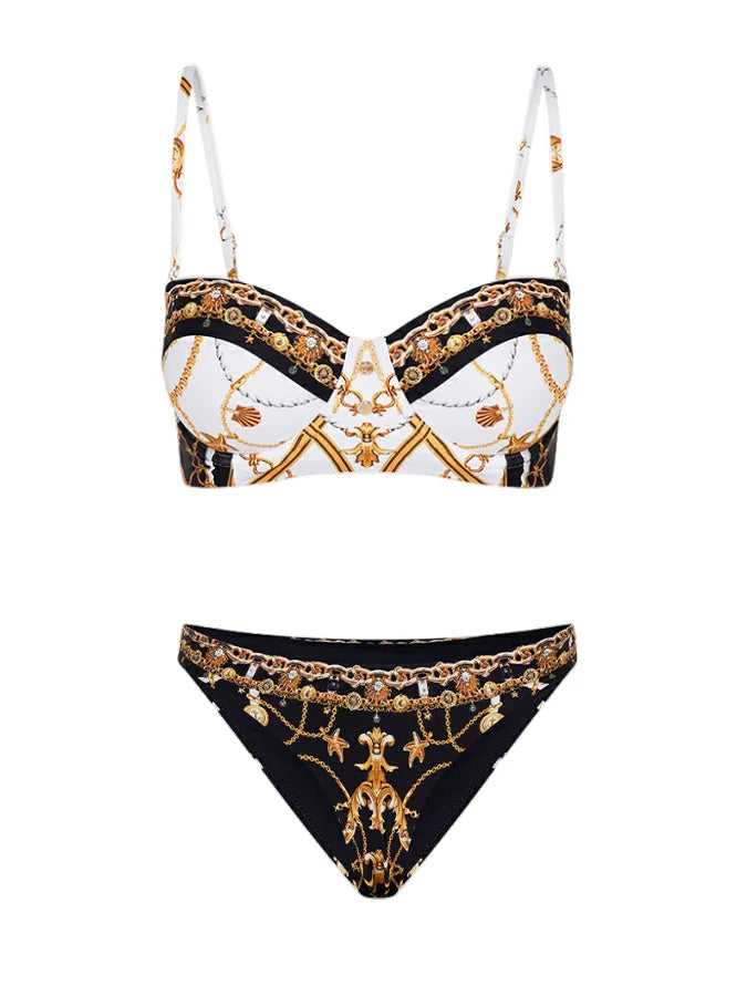 Courtl Vintage Gold Print One-piece Bikini Swimwear Costume Sexy Fashion Slim Fit Swimsuit With Long Trousers Beach Holiday 2024