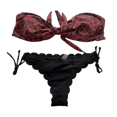 Beach Bikini  Woman Sexy Front Lace Up Tie Strapless Leopard Swimsuit Female Push Up Ruffled Bow Bathing Suit Thong Swimwear