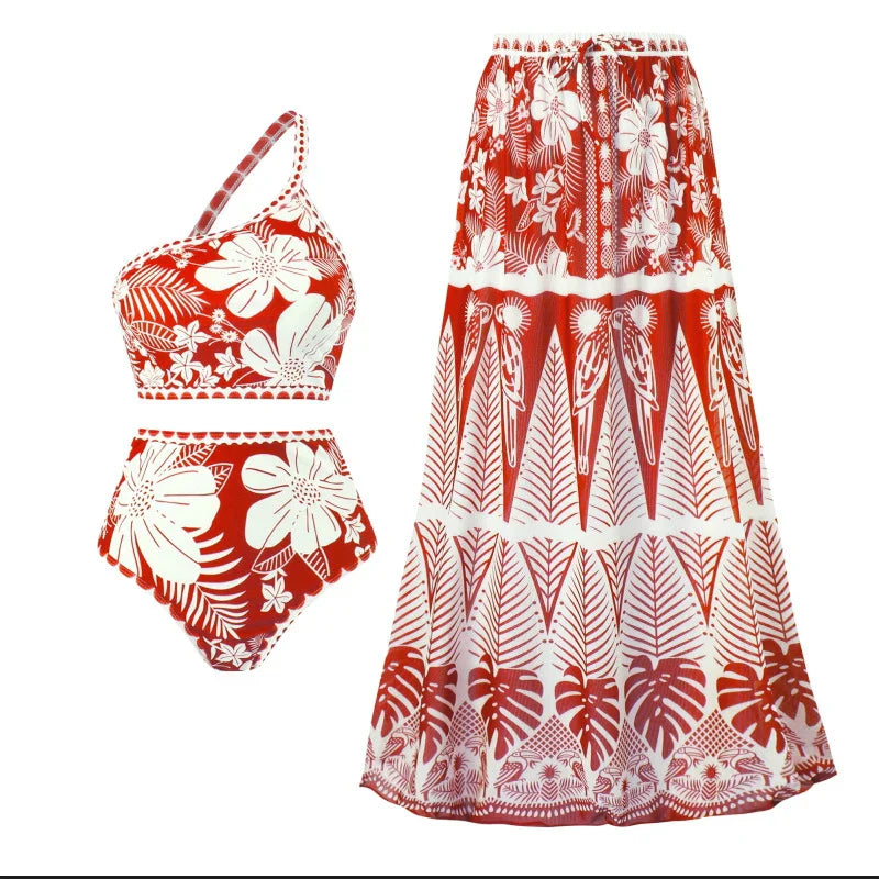 Vintage Floral Print Bikini High Waist V-Neck Sexy Swimsuit Fashion 2024 Straps Irregular Cover Up Elegant Women Swimsuit