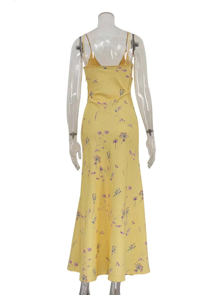Yellow Print Elegant Spaghetti Strap Dress