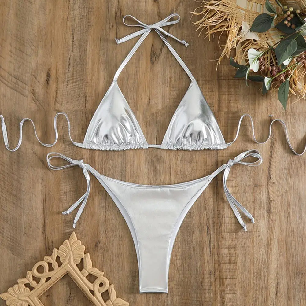 Bikini Women Swimsuit 2024 New Gold Halter Lace Up Bikinis Set Sexy Swimwear Beach Cover Up 2 Piece Beach Bathing Suit Female