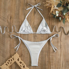 Bikini Women Swimsuit 2024 New Gold Halter Lace Up Bikinis Set Sexy Swimwear Beach Cover Up 2 Piece Beach Bathing Suit Female