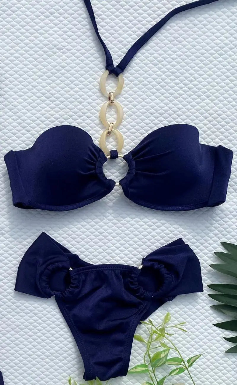 Summer Push Up Bikini Sets Solid Women's Swimsuit Vintage Print Swimwear Vacation Bathing Suit Sexy Summer Outfits Beachwear
