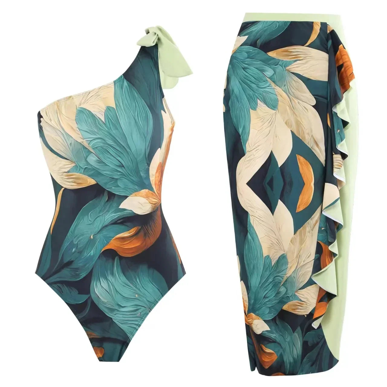 Sexy One Shoulder Printed Swimwear Women 2023 Vintage High Waisted One Piece Swimsuit with Cover Up for Beach Vacation, Swim