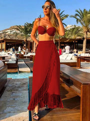 Sexy 3Pcs Bikini Set With Skirt Women Swimsuit Tassel Long Skirt Bathing Suit Beachwear 2024 Summer Trend Female Swimwear Dress