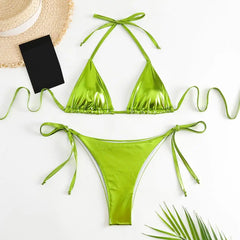 Bikini Women Swimsuit 2024 New Gold Halter Lace Up Bikinis Set Sexy Swimwear Beach Cover Up 2 Piece Beach Bathing Suit Female