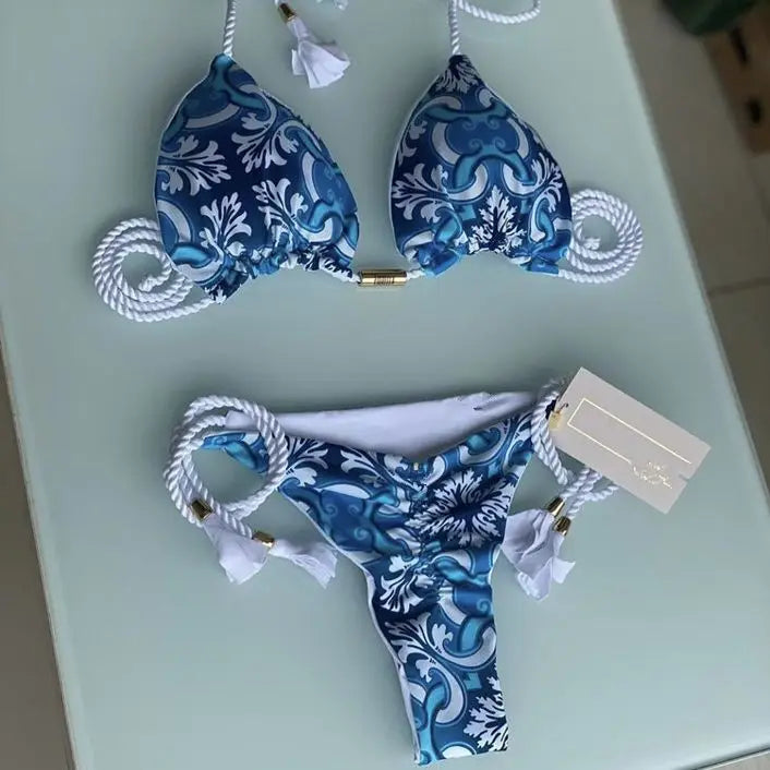 Women's Rope Swimwear Strap Split Bikini Printed Triangle Swimsuit