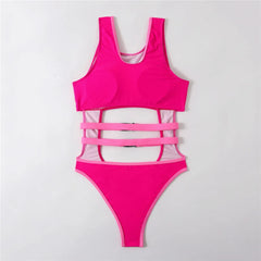 Sexy Rose Red Cut Out Monokini Swimsuit One Piece Swimwear Woman 2024 Bandage Bathers High Cut Bathing Swimming Suit for Women