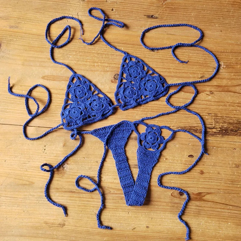 Women Sexy Handmade Bikini Sets Crochet Flower Solid Color Lace Thong String Swimwear Sunbathing Swimsuit Beach Wear Lace-up