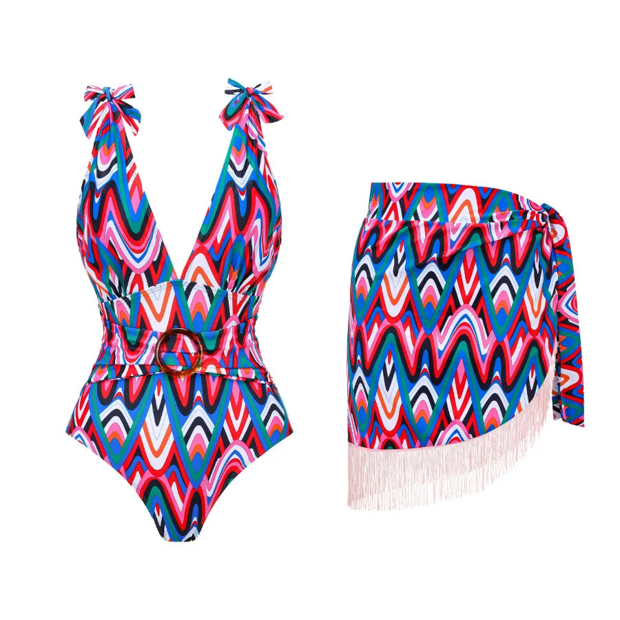 One Piece Swimsuit Bow Tie Shoulder Strap Swimwear Women Tassel Skirt Beachwear Luxury Bathing Suit 2024 New Beach Wear Vacation