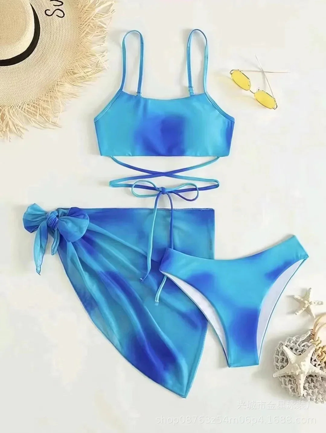 Sexy Womens 3 Pieces Bikini Set Tie Dye Swimsuit Beachwear 2024 Summer Fashion Push Up Comfortable Mesh Skirt Suit for Ladies