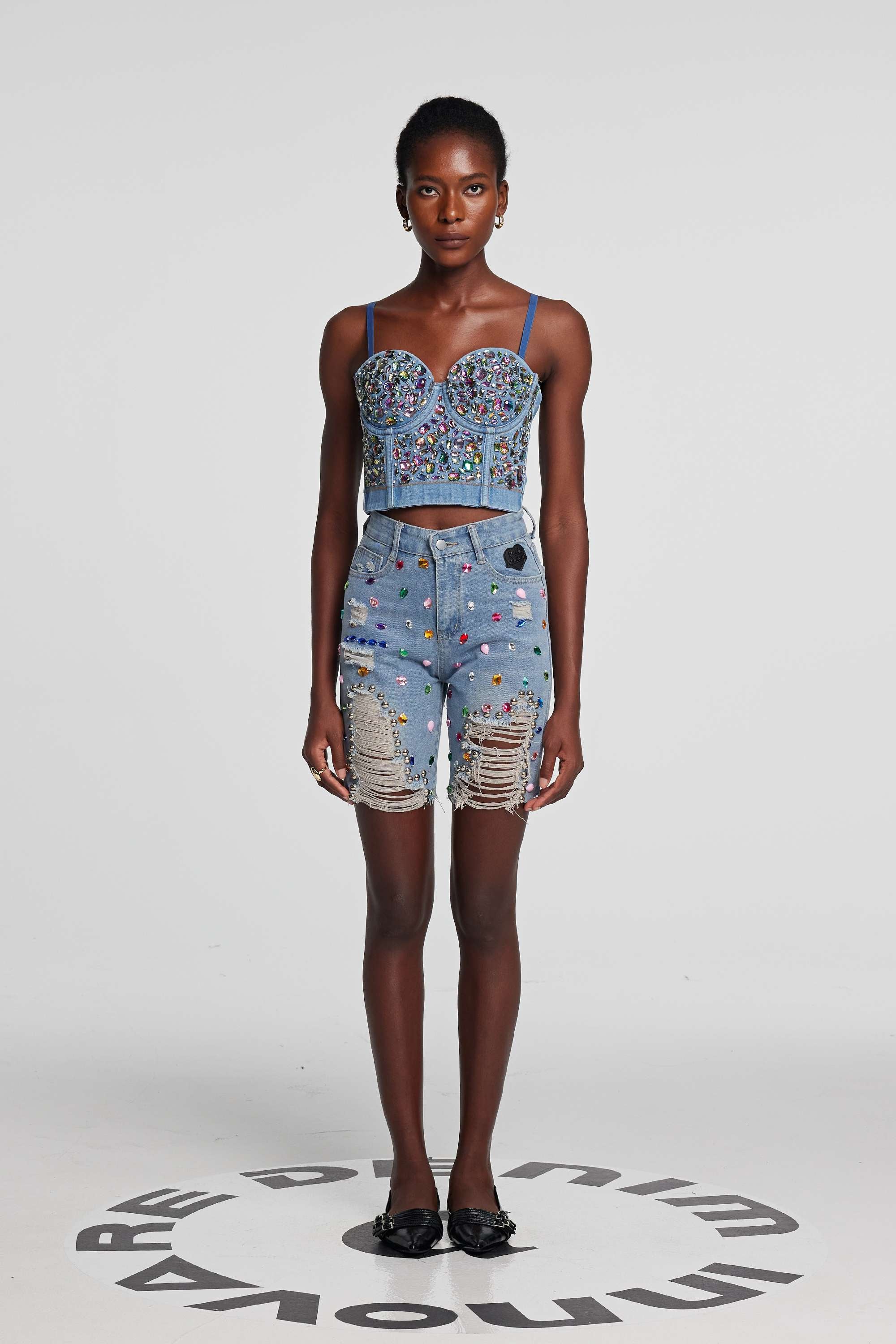 Theodora Rhinestone Embellished Corset Denim Top