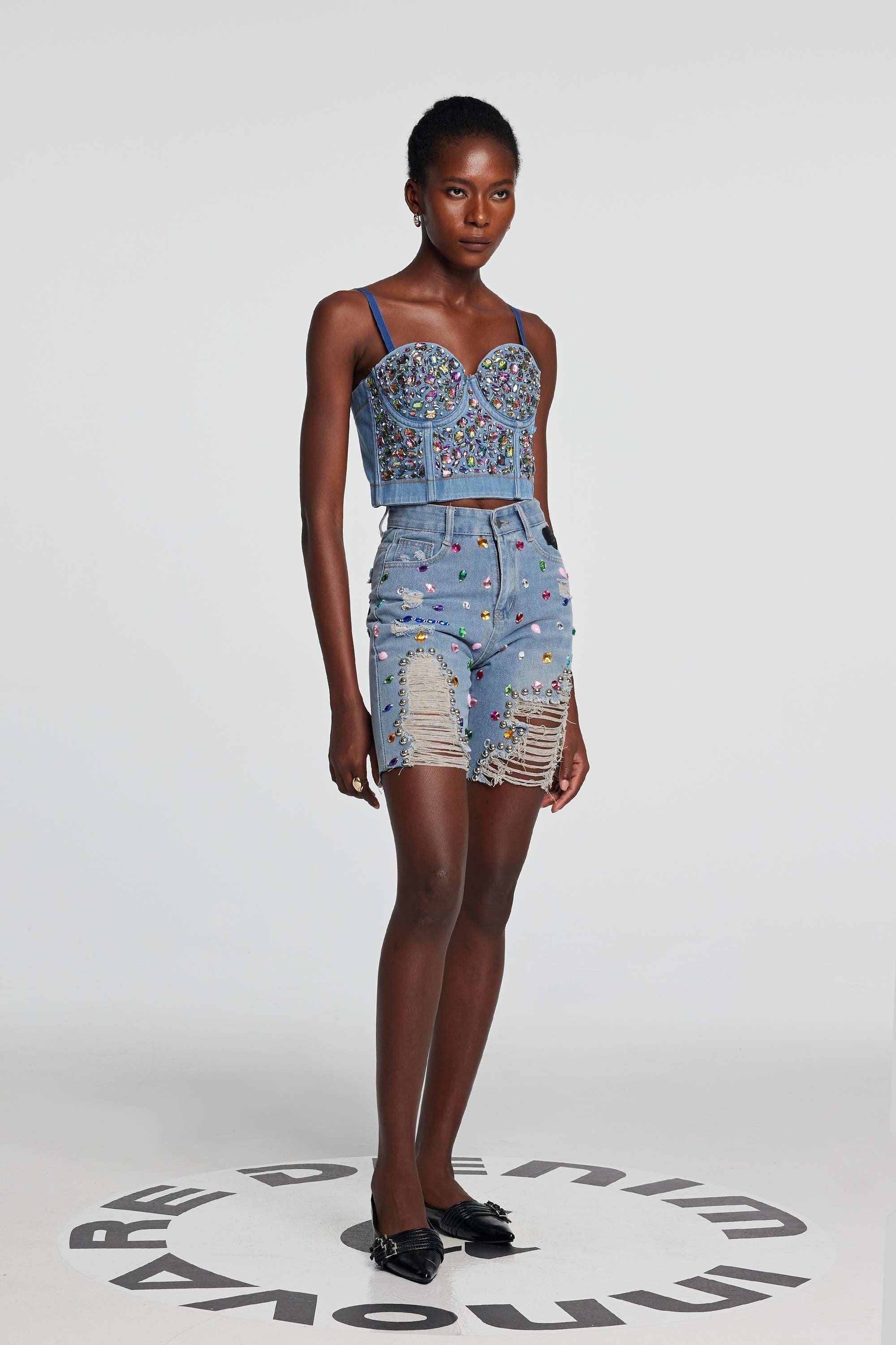 Theodora Rhinestone Embellished Corset Denim Top