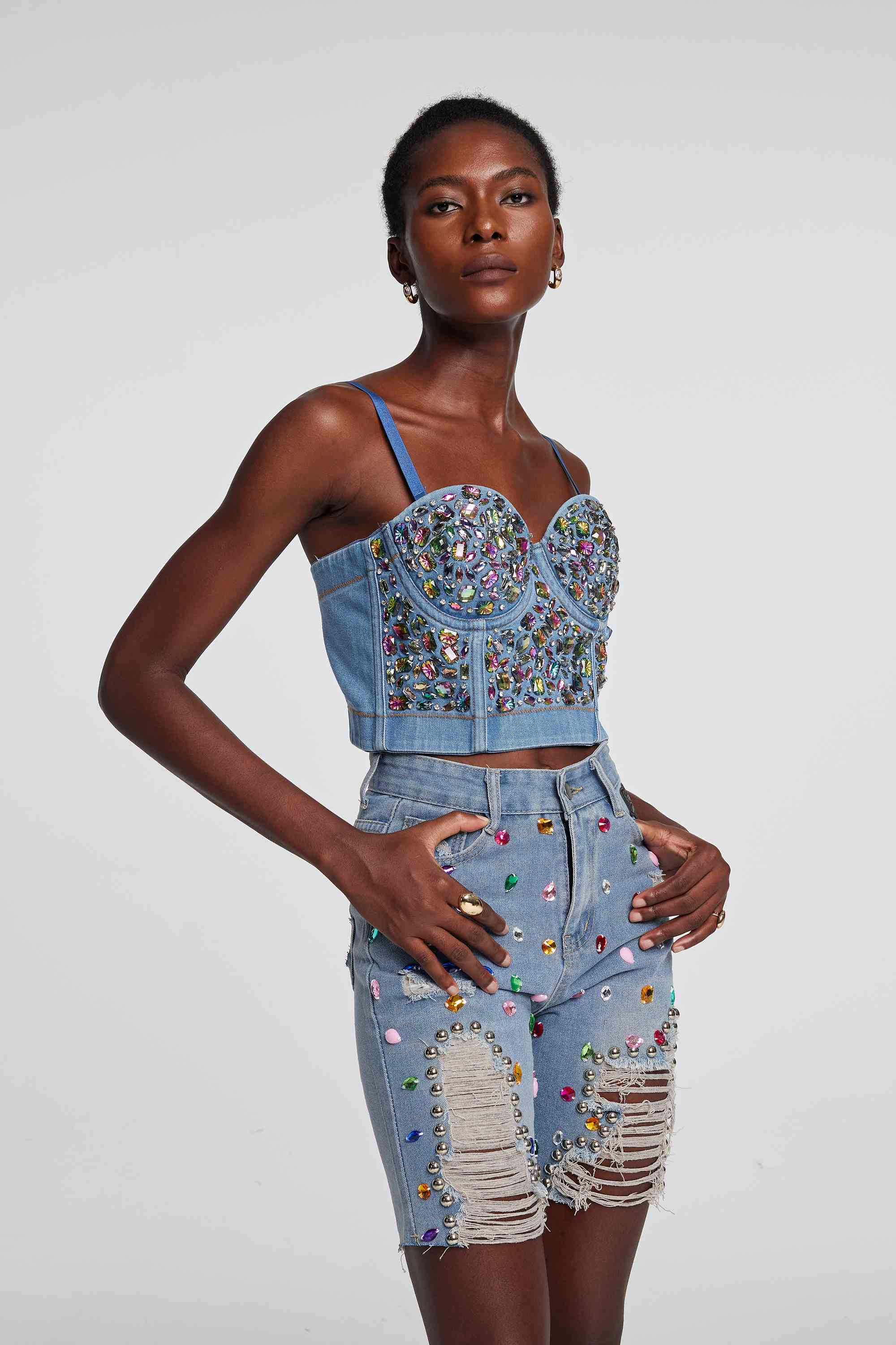 Theodora Rhinestone Embellished Corset Denim Top