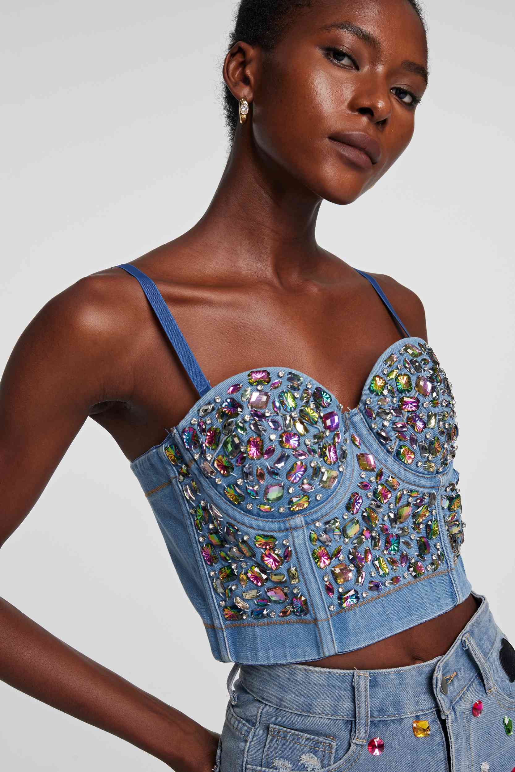 Theodora Rhinestone Embellished Corset Denim Top