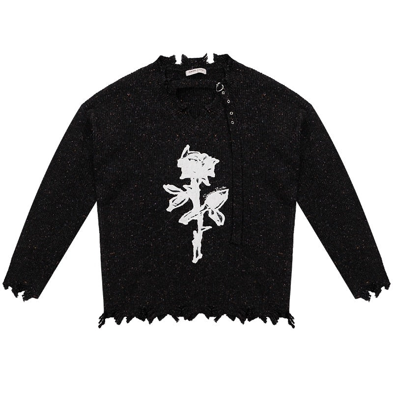 Distressed Rose Print Sweater