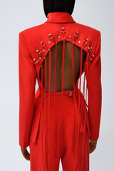 Vienna Cutout Fringe Backless Blazer In Red
