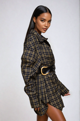 Yamini Grid Buckle Shirt Mini Dress