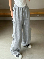 Drawstring Elasticity Solid Color Split-Joint High Waisted Loose Trousers Pants