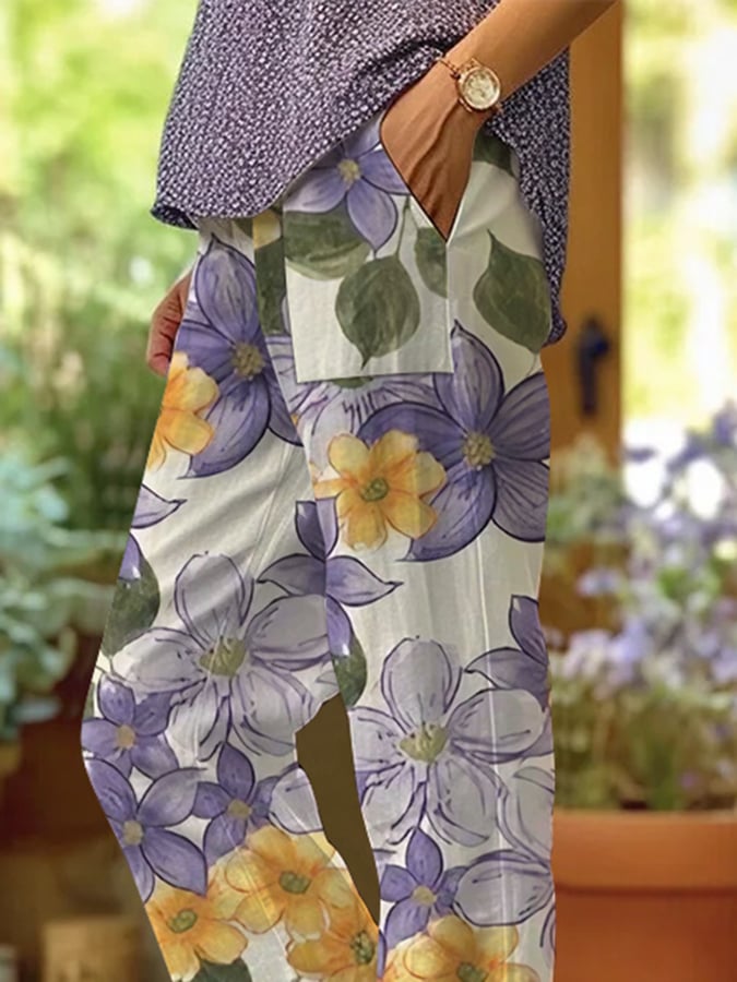 Women's Art Floral Loose Casual Pants (With Pockets)