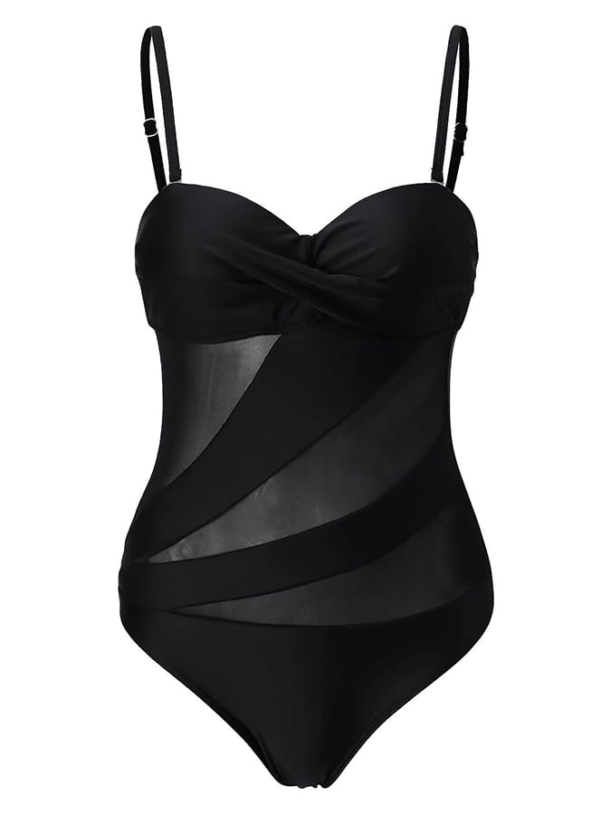 Solid Sexy Mesh Panel Cutout One Piece Bikini