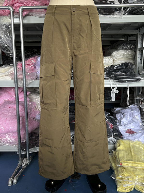 Buttoned Pockets Solid Color Split-Joint Loose Wide Leg Trousers Pants