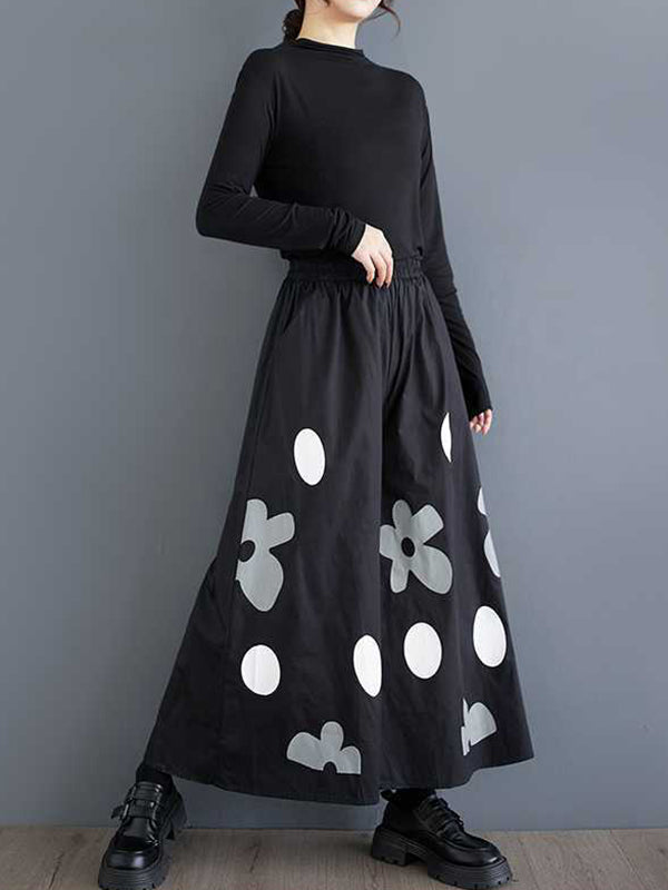Elasticity Flower Print Pockets Loose Wide Leg Pants Culotte