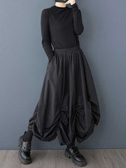 Elasticity Pleated Pockets Solid Color Loose Wide Leg Ninth Pants Culotte