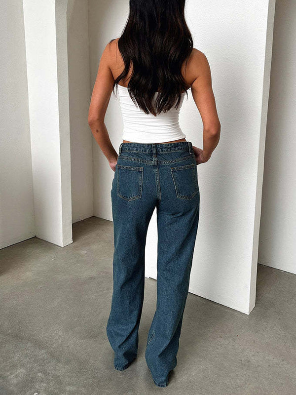Split-Joint High Waisted Straight Leg Jean Pants Bottoms