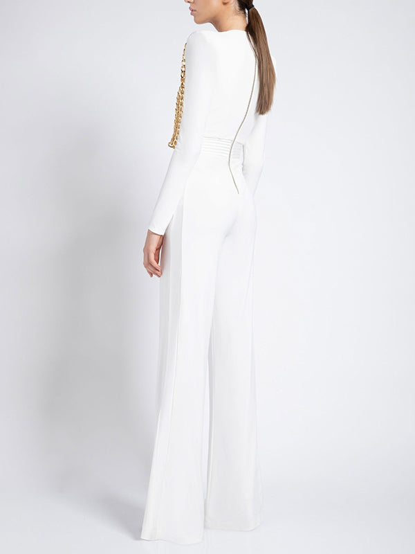 Stylish Deep V-Neck Long Sleeve Chains Empire Wide Leg Jumpsuits