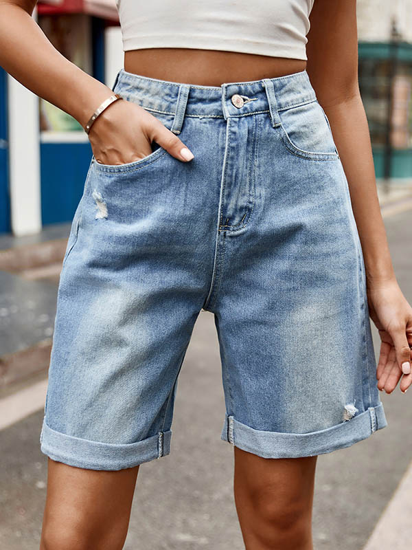 Buttoned Pockets High Waisted Loose Shorts Bottoms Jean Pants Bottoms